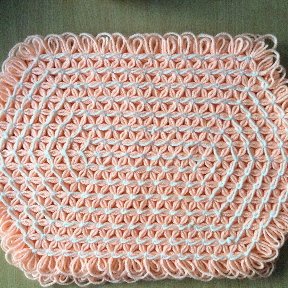 Two Handmade table mat place mat hand knitted crocheted pink yarn hexagon shape